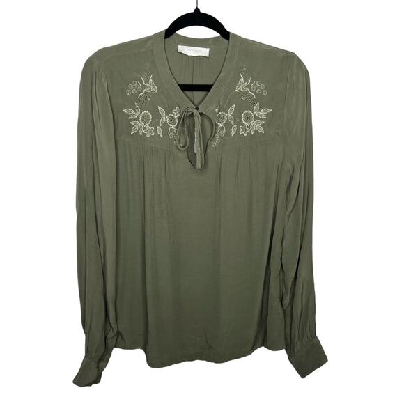 LUCKY BRAND / olive army green floral embroidered peasant popover blouse / S - Picture 1 of 7